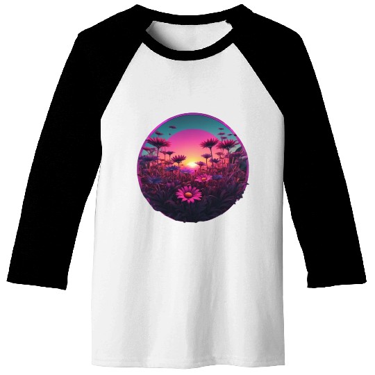 Synthwave Wild Flower Design Baseball Tees