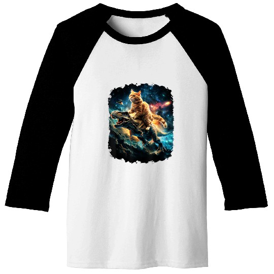 Cat Riding Dinosaur Rex Baseball Tees