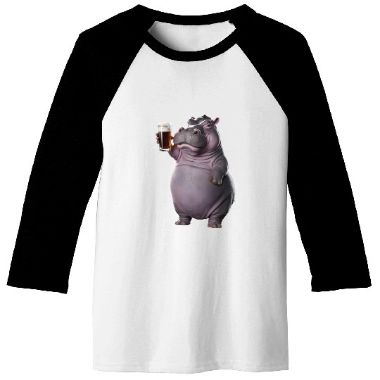 Hippo Drinking Beer Realistic Baseball Tees