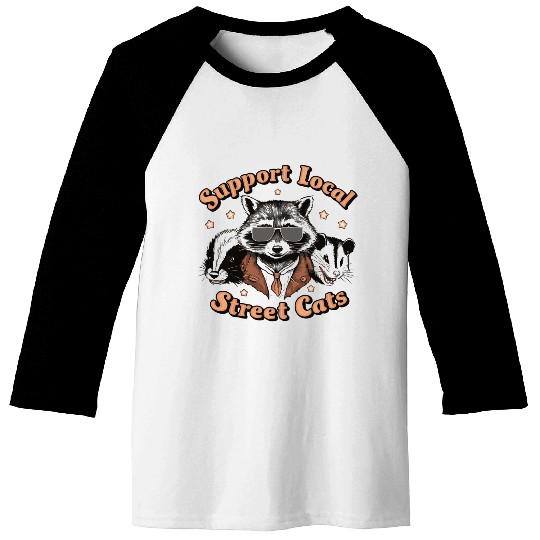 Support Local Street Cats Raccoon Design Baseball Tees