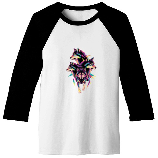 Colorful Geometric Wolf Pack Art Baseball Tees
