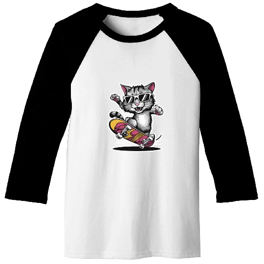 Cat Wearing Sunglasses Riding Skateboard Baseball Tees