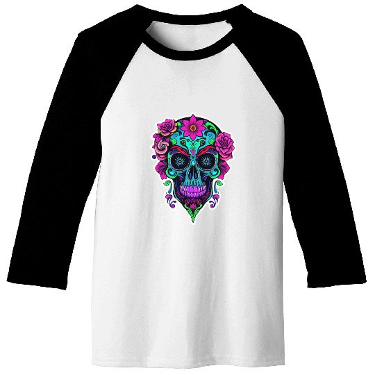 A vibrant and abstract sugar skull Calavera Baseball Tees