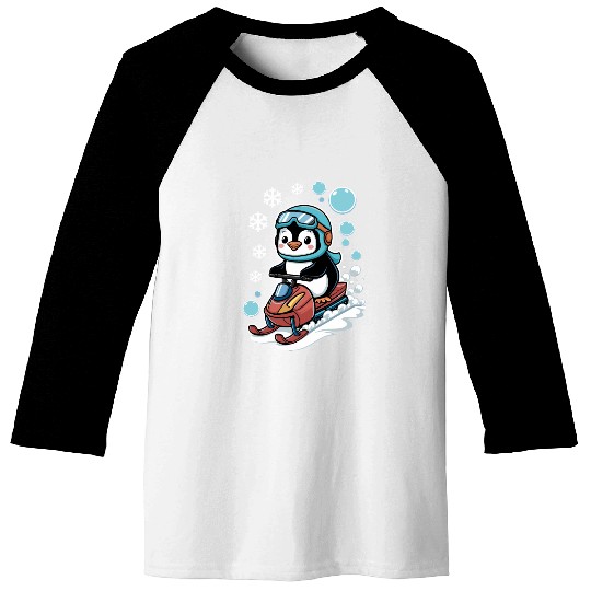 Cute Penguin Riding Snowmobile Winter Fun Baseball Tees