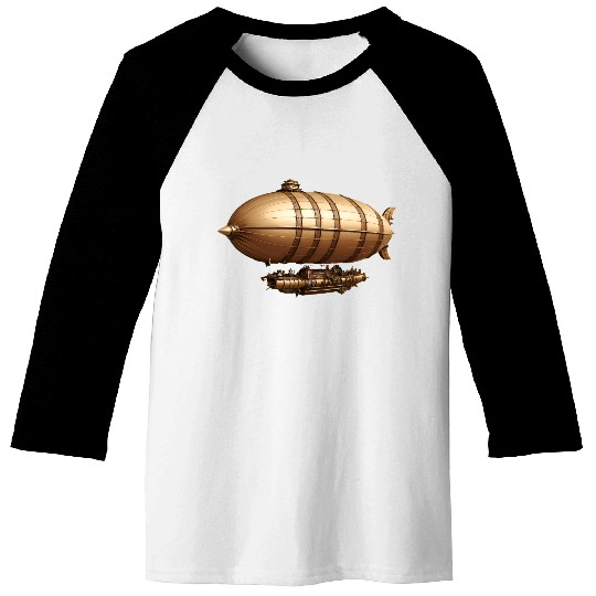 A large steampunk-style airship with bronze metal Baseball Tees