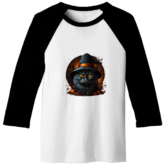 Black Cat with Witch Hat Baseball Tees
