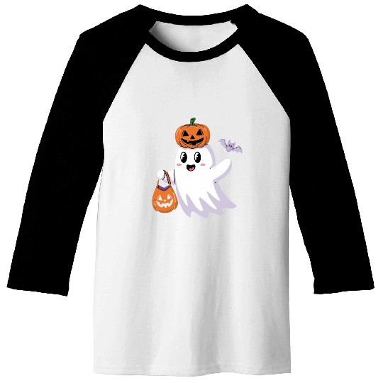 Cute Halloween Ghost with Pumpkin and Bat Baseball Tees