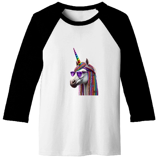 Rainbow Unicorn with Braids and Sunglasses Swag Baseball Tees