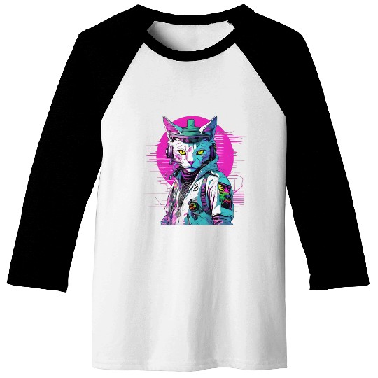 Neon Cyberpunk Warrior Cat Baseball Tees