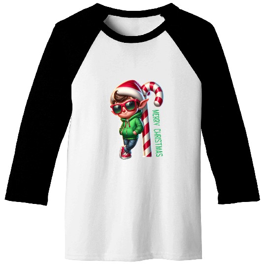Merry Christmas Cool Elf with Candy Cane Vibes Baseball Tees