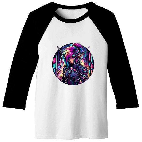 Neon Cyberpunk Elf in Futuristic Cityscape Baseball Tees