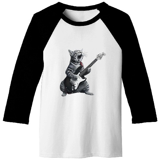 Cat Playing Guitar Rock Star Baseball Tees