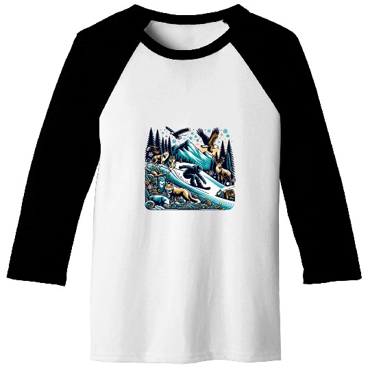 Epic Snowboarding Adventure Wildlife Scene Baseball Tees