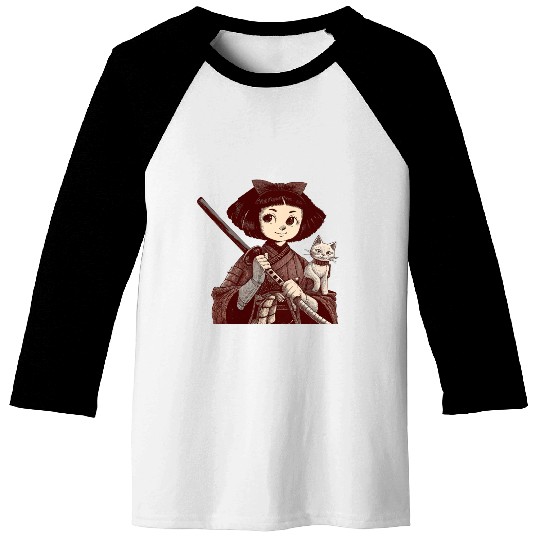 Chibi Samurai Warrior Cat Companion & Blossoms Baseball Tees