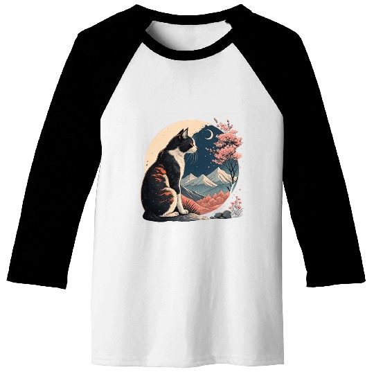 Nighttime Serenity: Cat, Cherry Blossoms, Mountain Baseball Tees