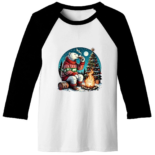 Cozy Christmas Polar Bear: Eggnog & Fireside Cheer Baseball Tees