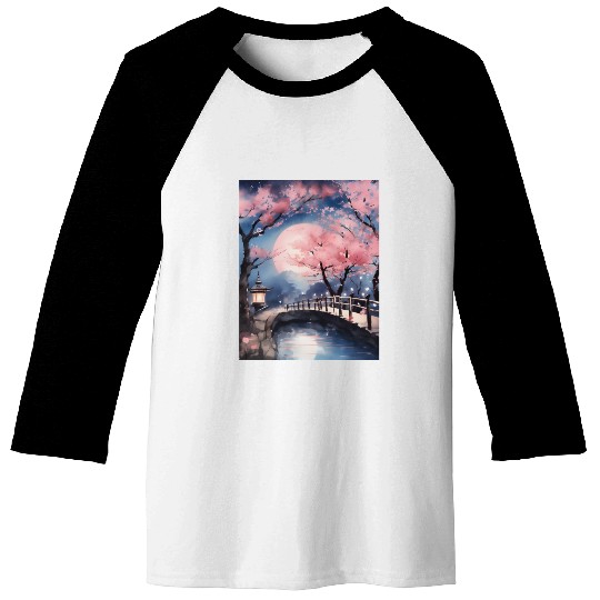 Watercolor cherry blossom festival full moon Baseball Tees