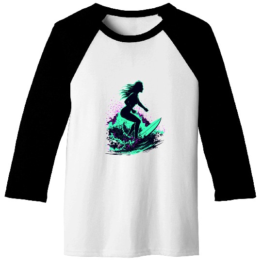 Stylish Female Surfer Surfing Waves Baseball Tees
