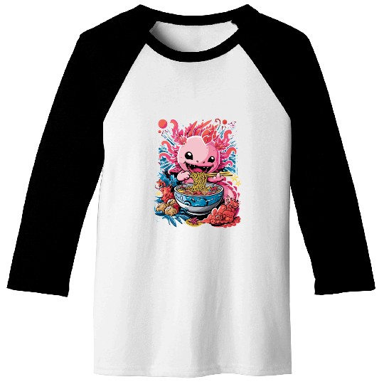 Cute Axolotl Enjoying Bowl of Ramen in Vibrant Baseball Tees