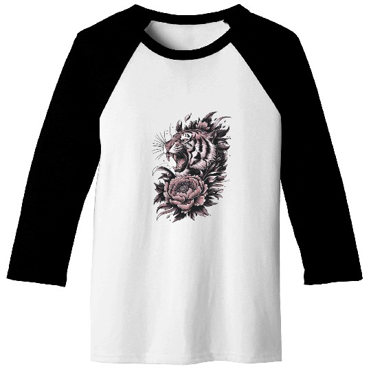 Roaring Tiger with Floral Style Baseball Tees