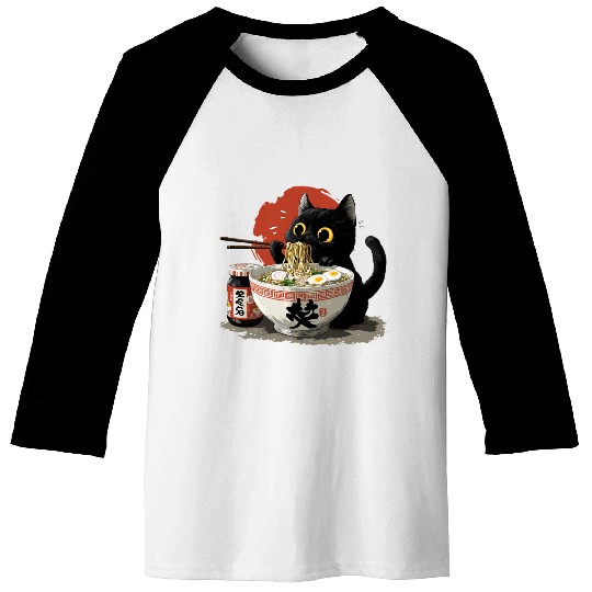 Black Cat Eating Ramen Japanese Funny Cat Baseball Tees