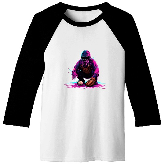 Neon Baseball Catcher Art Cool Vaporwave Sports Baseball Tees