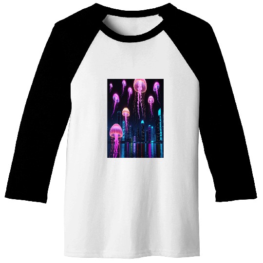 Neon Jellyfish Over Cyber City Baseball Tees