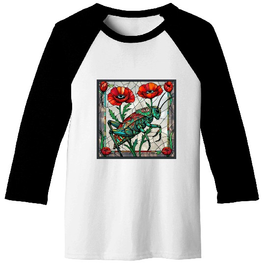 Grasshopper cricket stained glass poppy flower Baseball Tees
