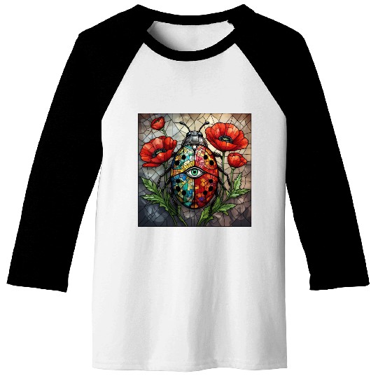 Ladybug stained glass vibrant poppy flower insect Baseball Tees
