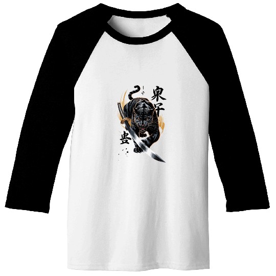 Fierce Black Panther With Samurai Sword Baseball Tees