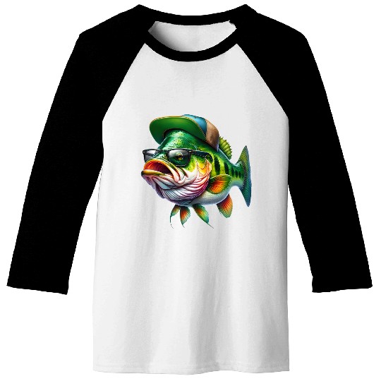 Cool Bass Fish with Green Hat and Glasses Baseball Tees