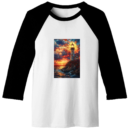 Stained Glass Lighthouse Sunset Baseball Tees