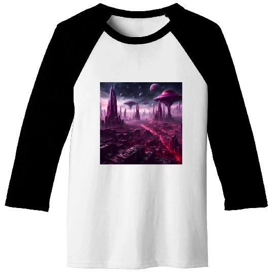 Sci-Fi Future World And Alien City in Neon Pink Baseball Tees