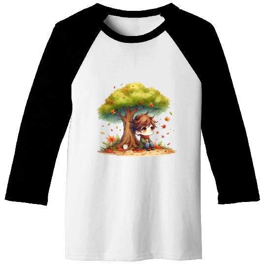 Autumn Serenity Chibi under a Maple Tree Baseball Tees