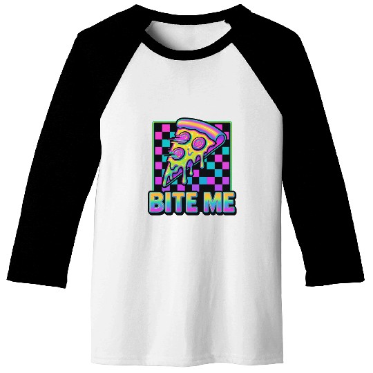 Bite Me – Y2K Glitch Pizza Neon Baseball Tees