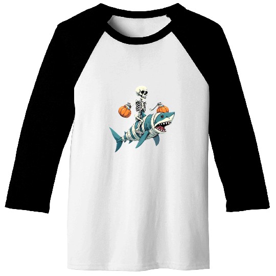 Skeleton Riding Shark Mummy Funny Halloween Baseball Tees