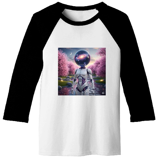 Futuristic Robot in Cherry Blossom Paradise Baseball Tees