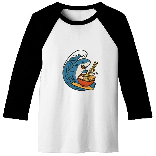 Playful Shark Enjoying Ramen Baseball Tees