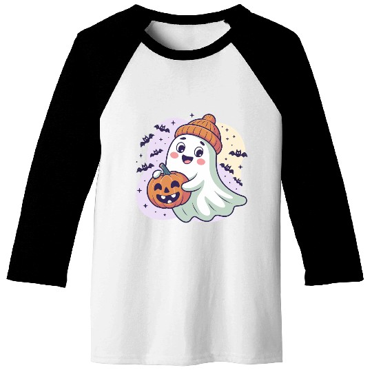 Ghost with Pumpkin & Beanie Baseball Tees