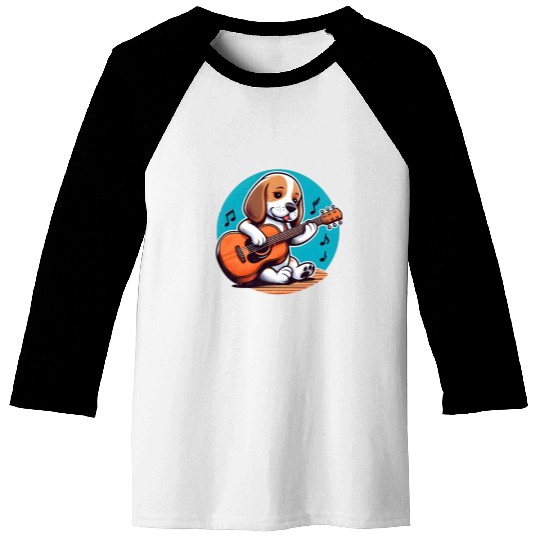 Playful Puppy Guitar Illustration Baseball Tees