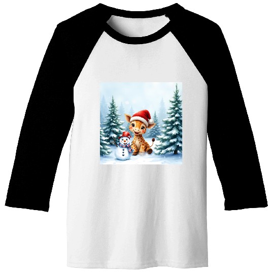 Festive Giraffe with Snowman Santa Hat Baseball Tees