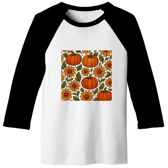 Autumn Pumpkin and Daisy Pattern Baseball Tees