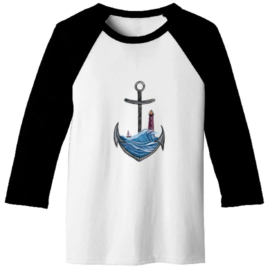 Nautical Anchor with Lighthouse Ocean Seascape Baseball Tees