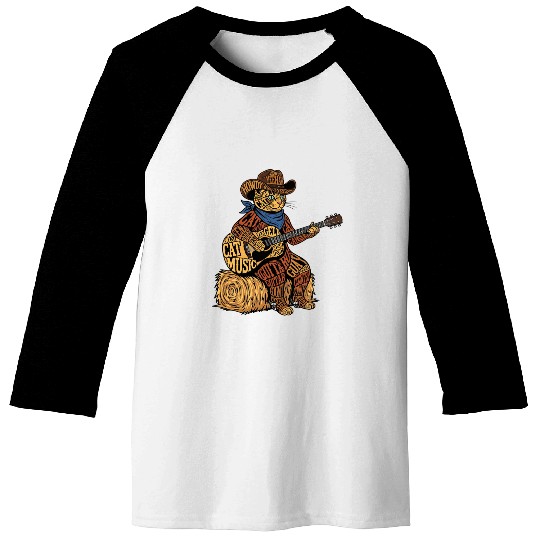 Cowboy Cat Playing Guitar – Typography Art Baseball Tees
