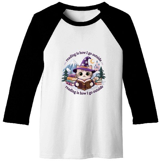 Whimsical Cat Wizard Reading Magic Book Baseball Tees