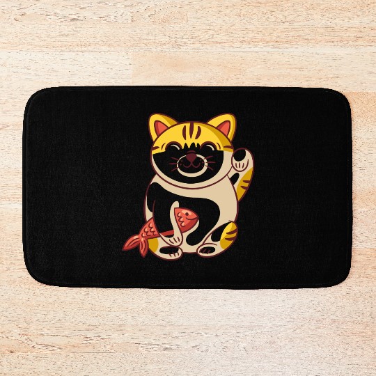 Winking cat with fish Bath Mats