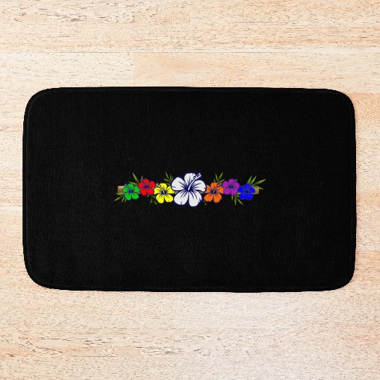 Colorful Hibiscus Flowers and Bamboo Shoot Bath Mats