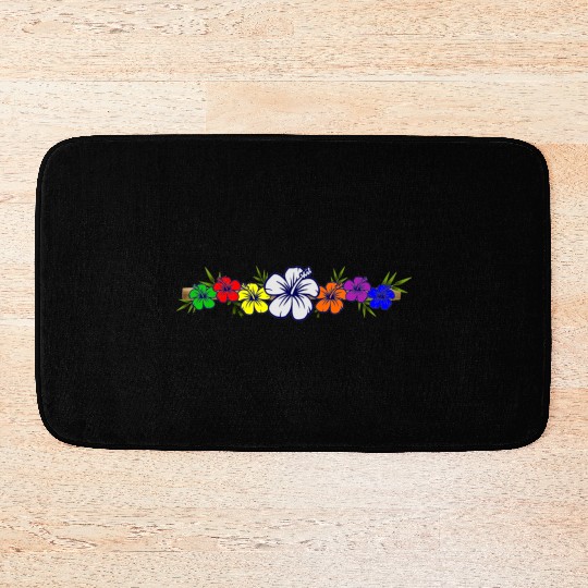 Colorful Hibiscus Flowers and Bamboo Shoot Bath Mats