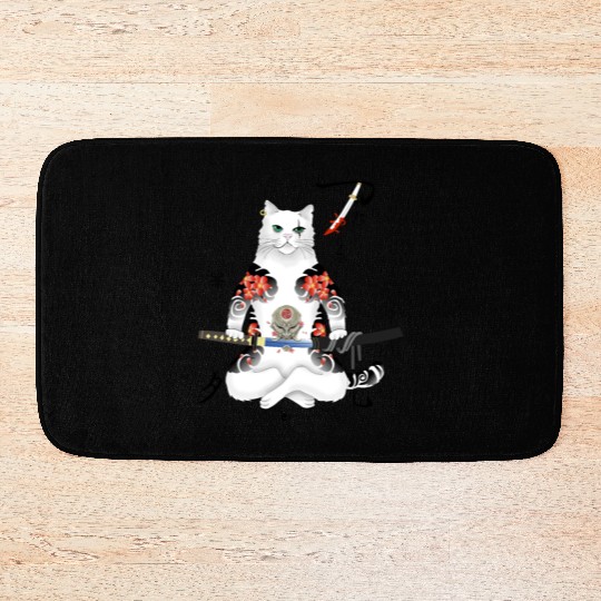 Japanese Samurai Cat Katana Ninja Yakuza Tattoo Bath Mats