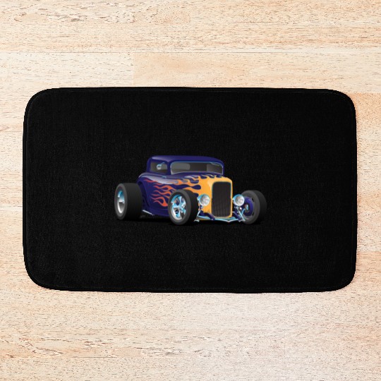 Vintage Hot Rod Car with Classic Flames Bath Mats